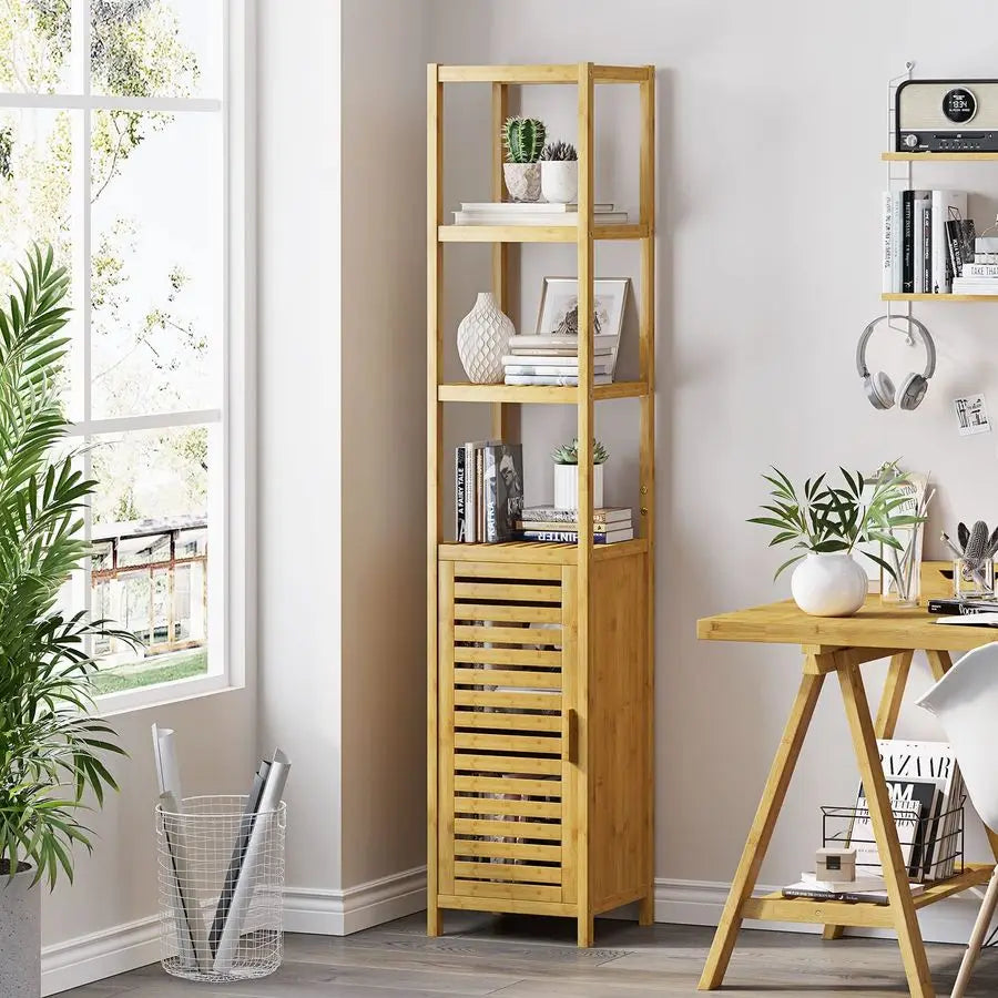 Tall Slim Storage Cabinet With Shutter Door 3 Tier Shelves
