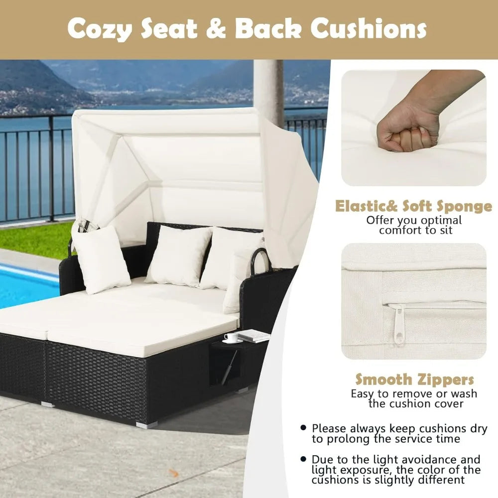 Patio Rattan Daybed Wicker Lounger With Retractable Canopy Cushions