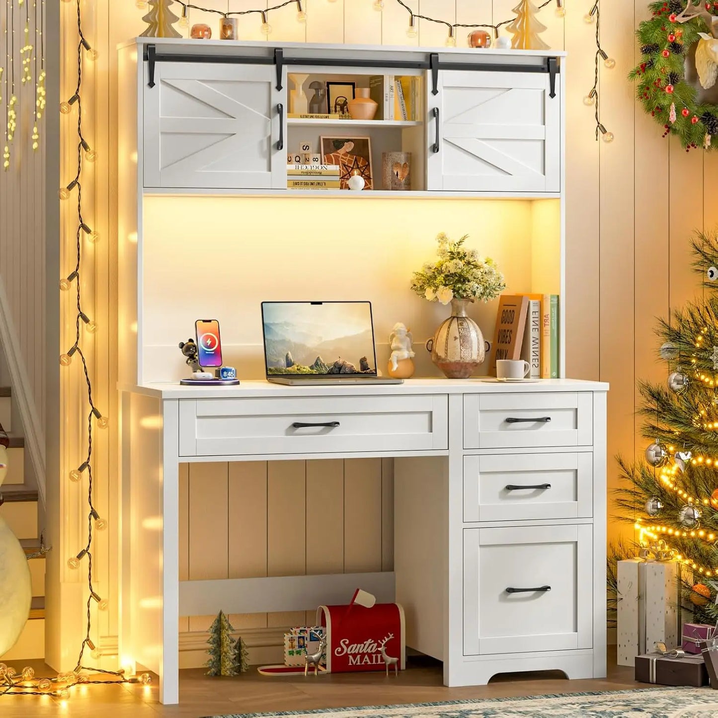 Executive Desk Hutch with LED Light 5 Drawers Charging Station