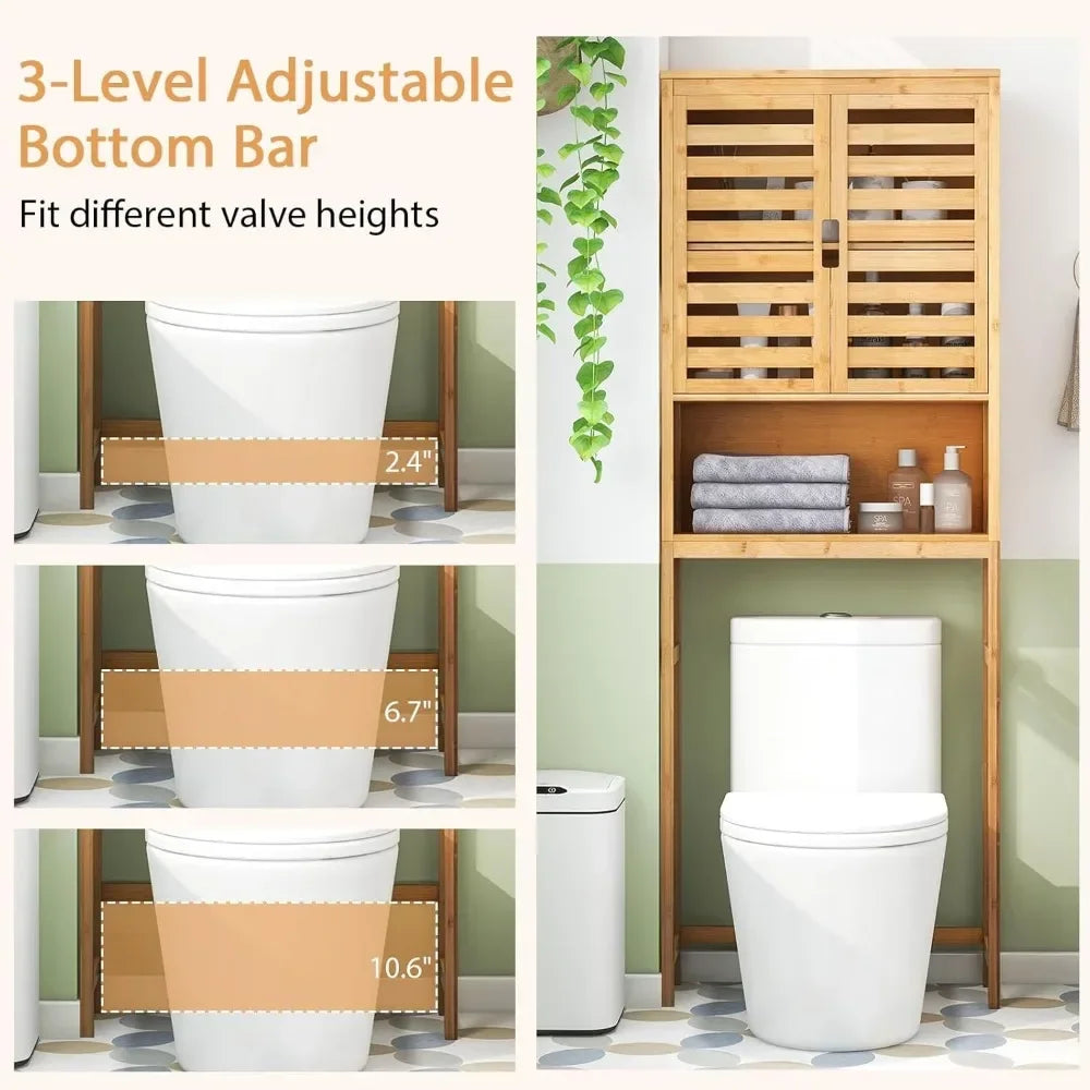 Bamboo Freestanding Bathroom Shelf With Doors And Open Storage