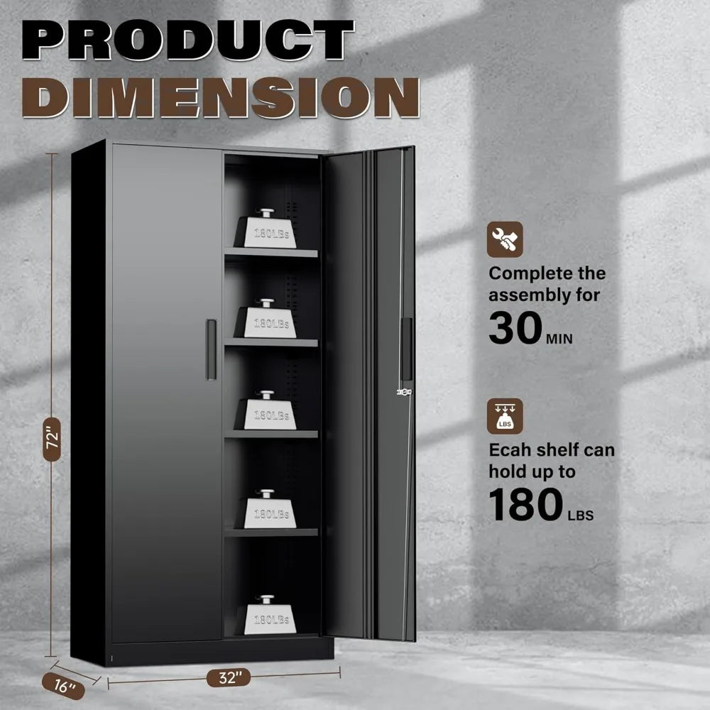 Metal Tall Storage Cabinet With Lockable Doors For Garage Organization