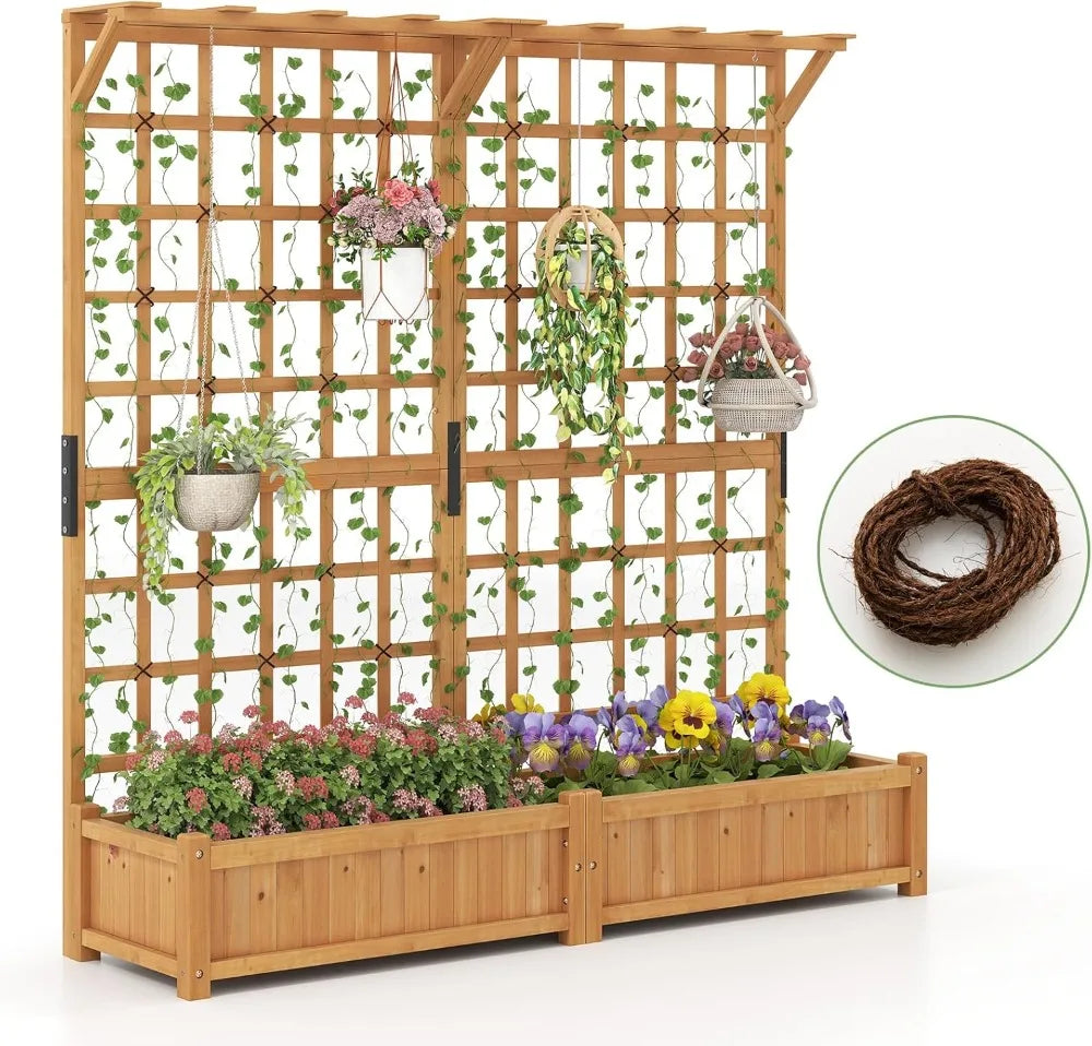71" Raised Garden Bed with Trellis, Wood Planter Container w/2 Hanging Roof & Boxes, 4 Drainage Holes, Removable Bottom Plate
