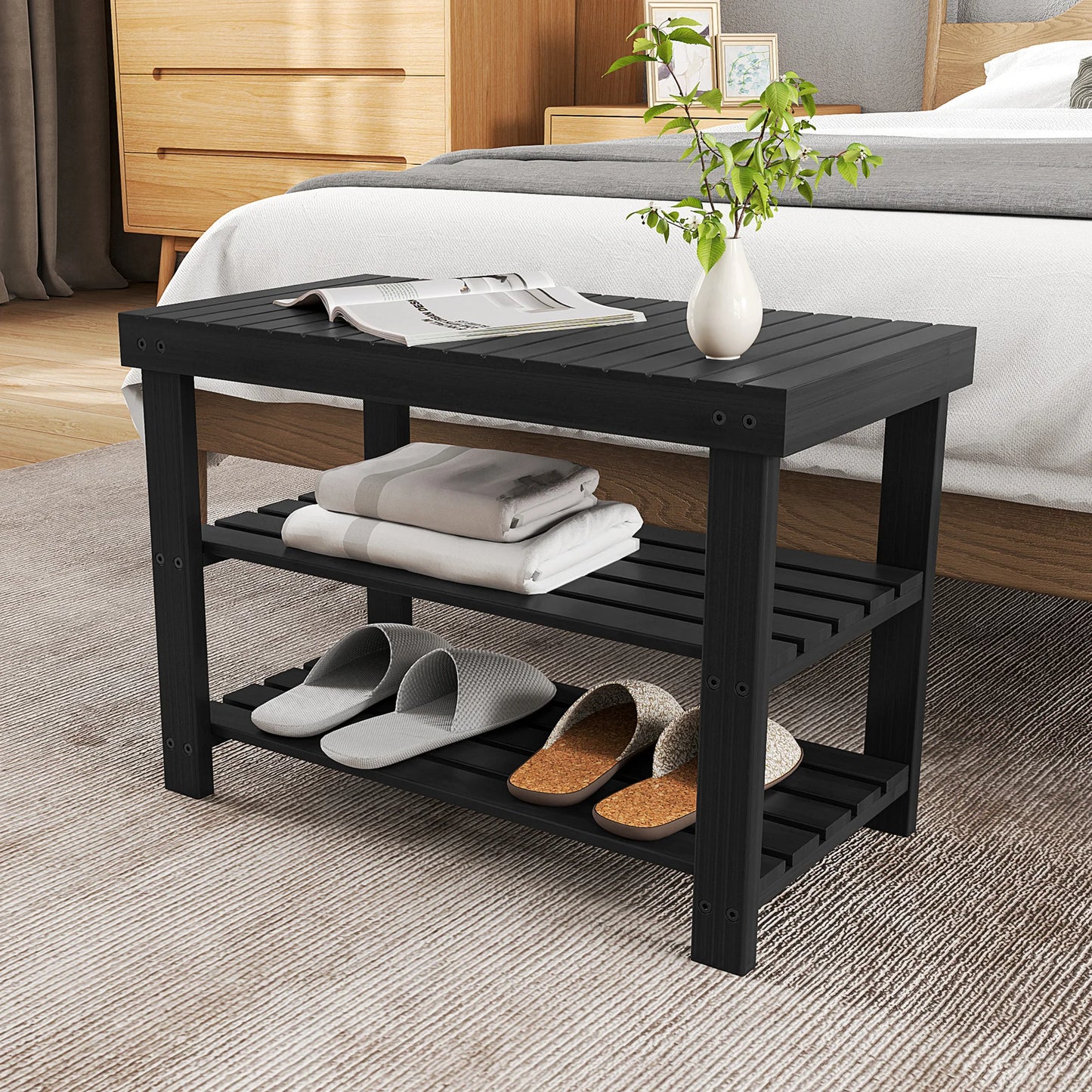 JHK 3-Tier Bamboo Entryway Bench Shoe Storage Organizer
