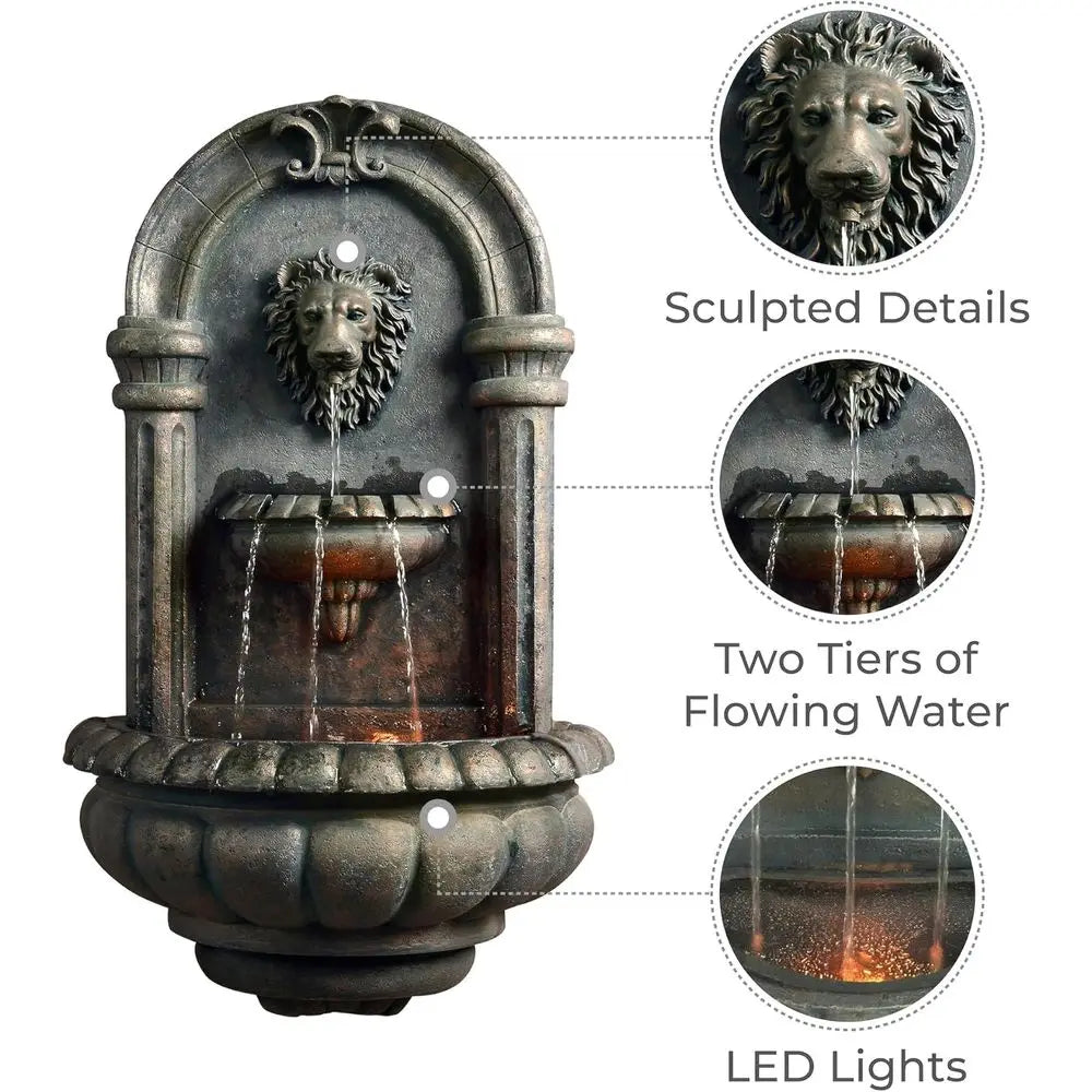Lion Stone LED Outdoor Water Fountain for Patios and Gardens