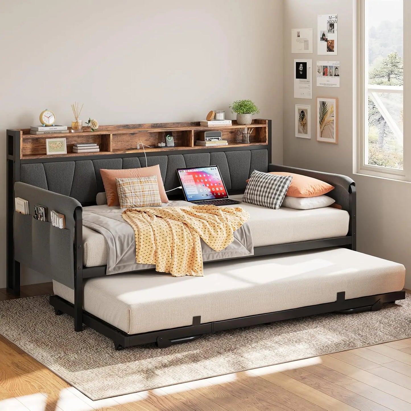 LIKIMIO Daybed with Trundle and Upholstered Headboard with Charging Station