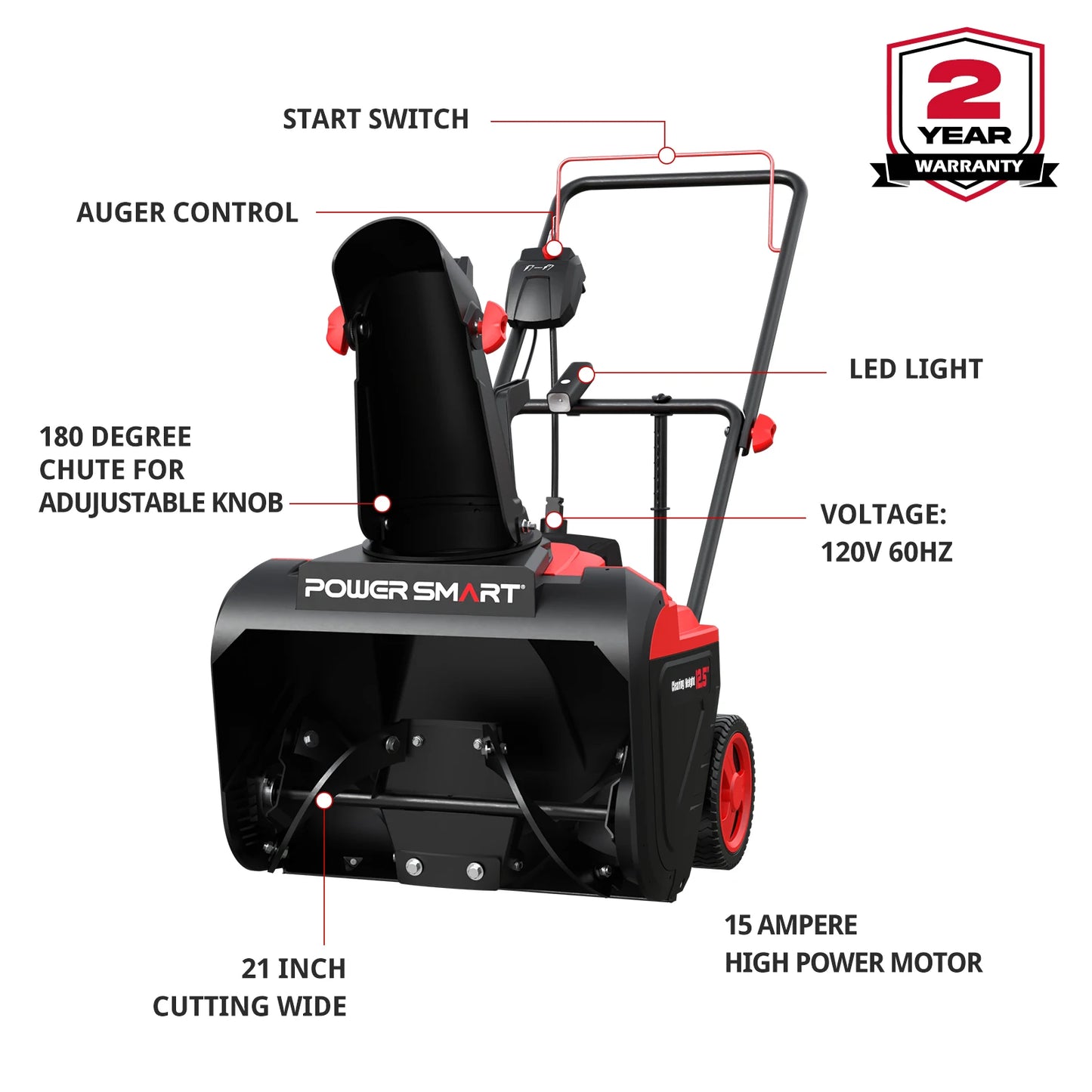 POWERSMART Electric Snow Thrower With 180 Degree Chute And LED