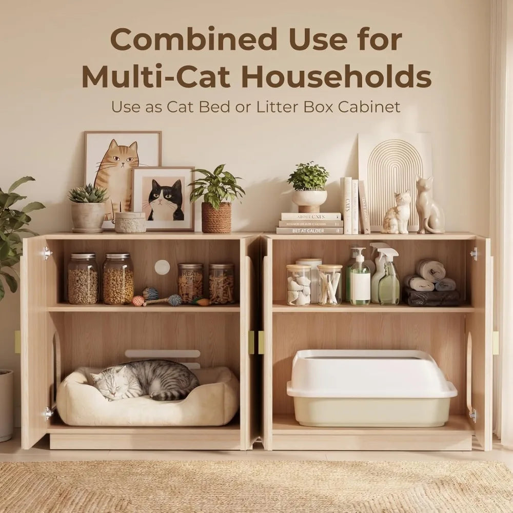 Large Hidden Cat Litter Box Enclosure, Fluted Cabinet with Storage, Symmetrical Curved Accent Sideboard Furniture