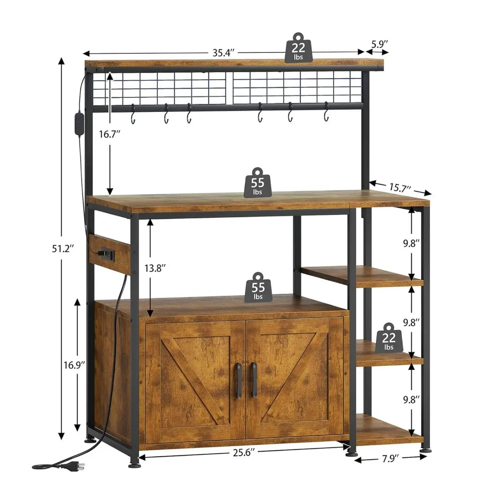 Bakers Rack With Power Outlet LED Light Microwave Stand