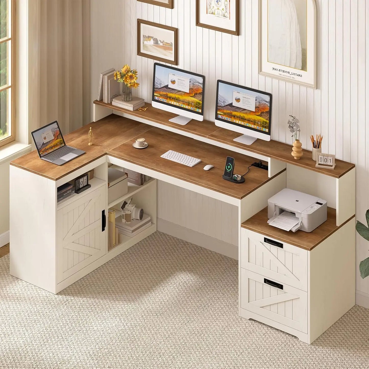 Farmhouse L Shaped Desk With Drawers And Power Outlet