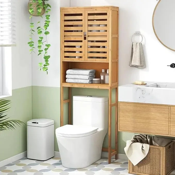 Bamboo Freestanding Bathroom Shelf With Doors And Open Storage