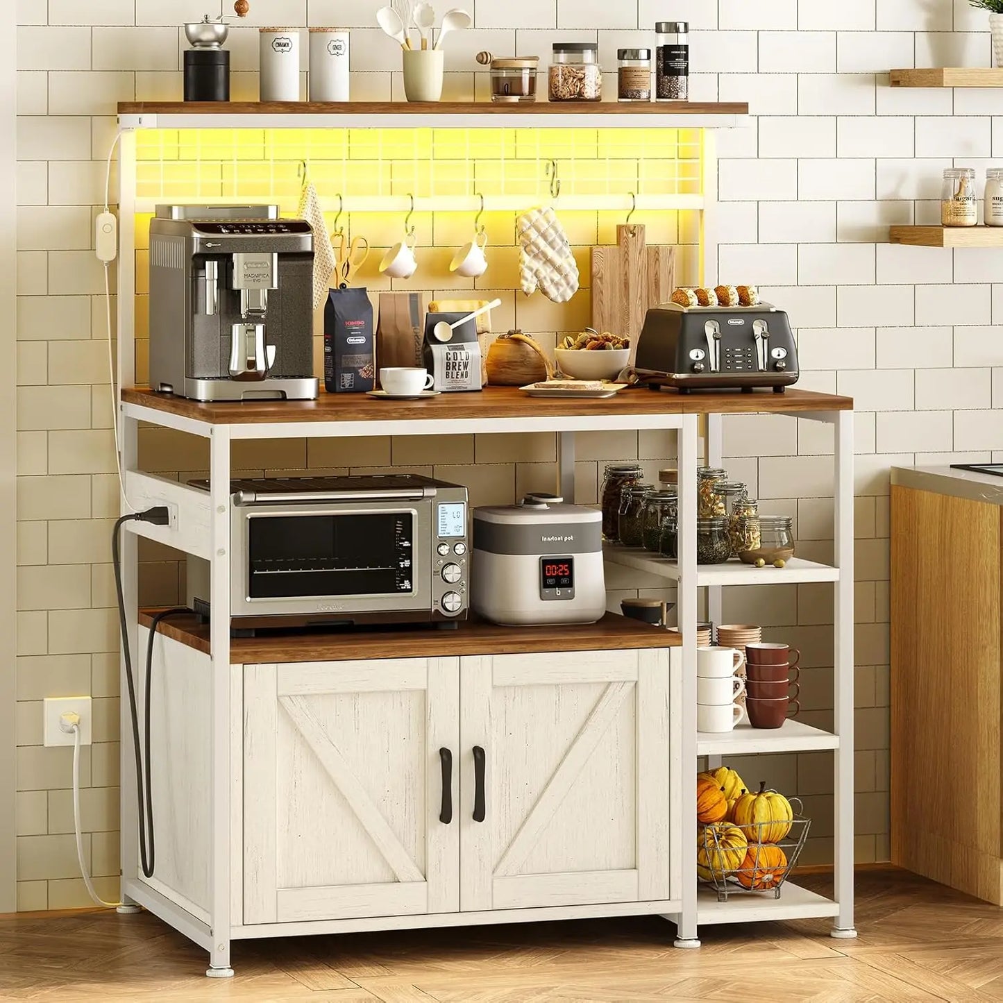 Bakers Rack With Power Outlet LED Light Microwave Stand