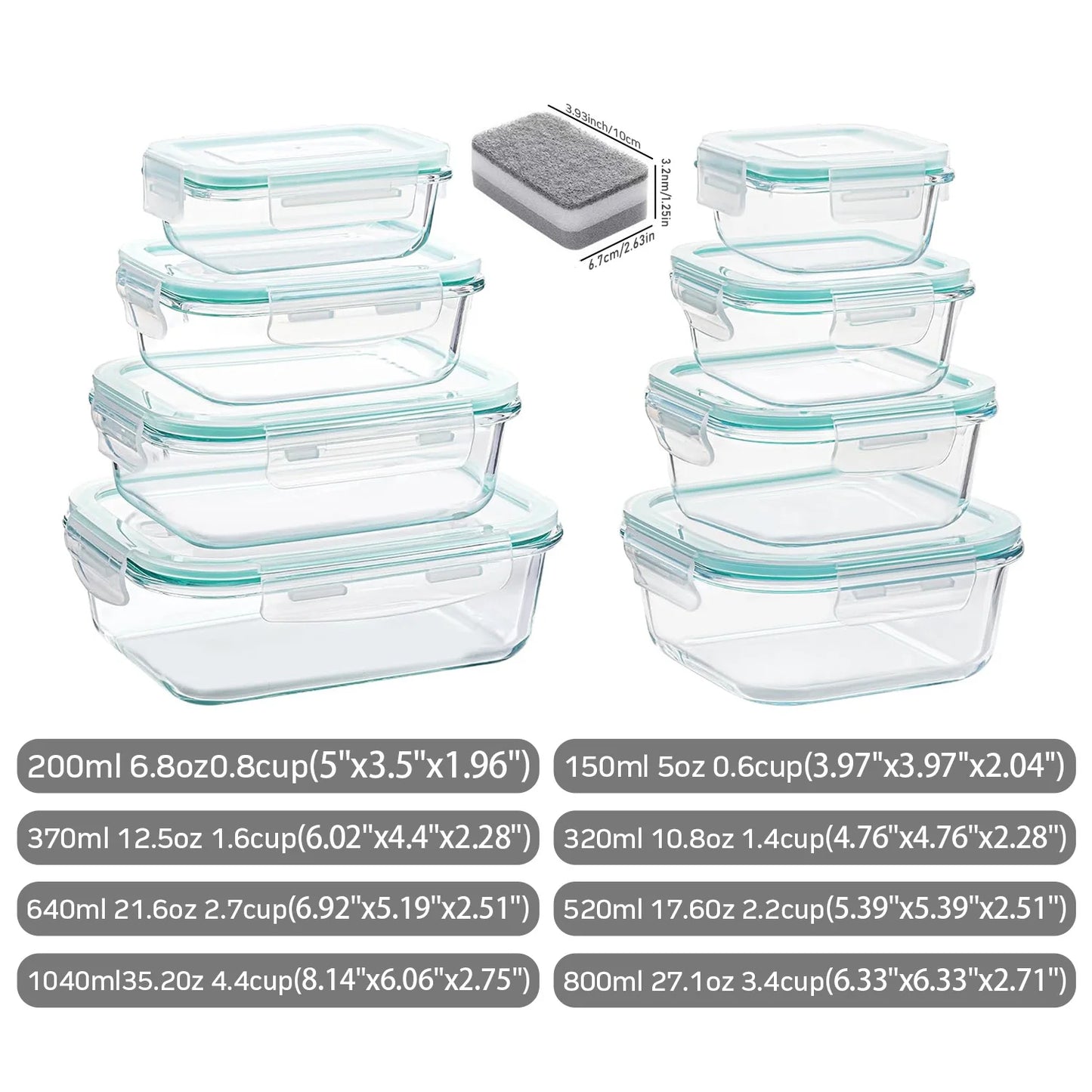 Glass Food Storage Containers 4-Pack with Lids, Airtight Leakproof for Lunch, Meal Prep, Dishwasher Safe, Green (12.5 to 42 oz)
