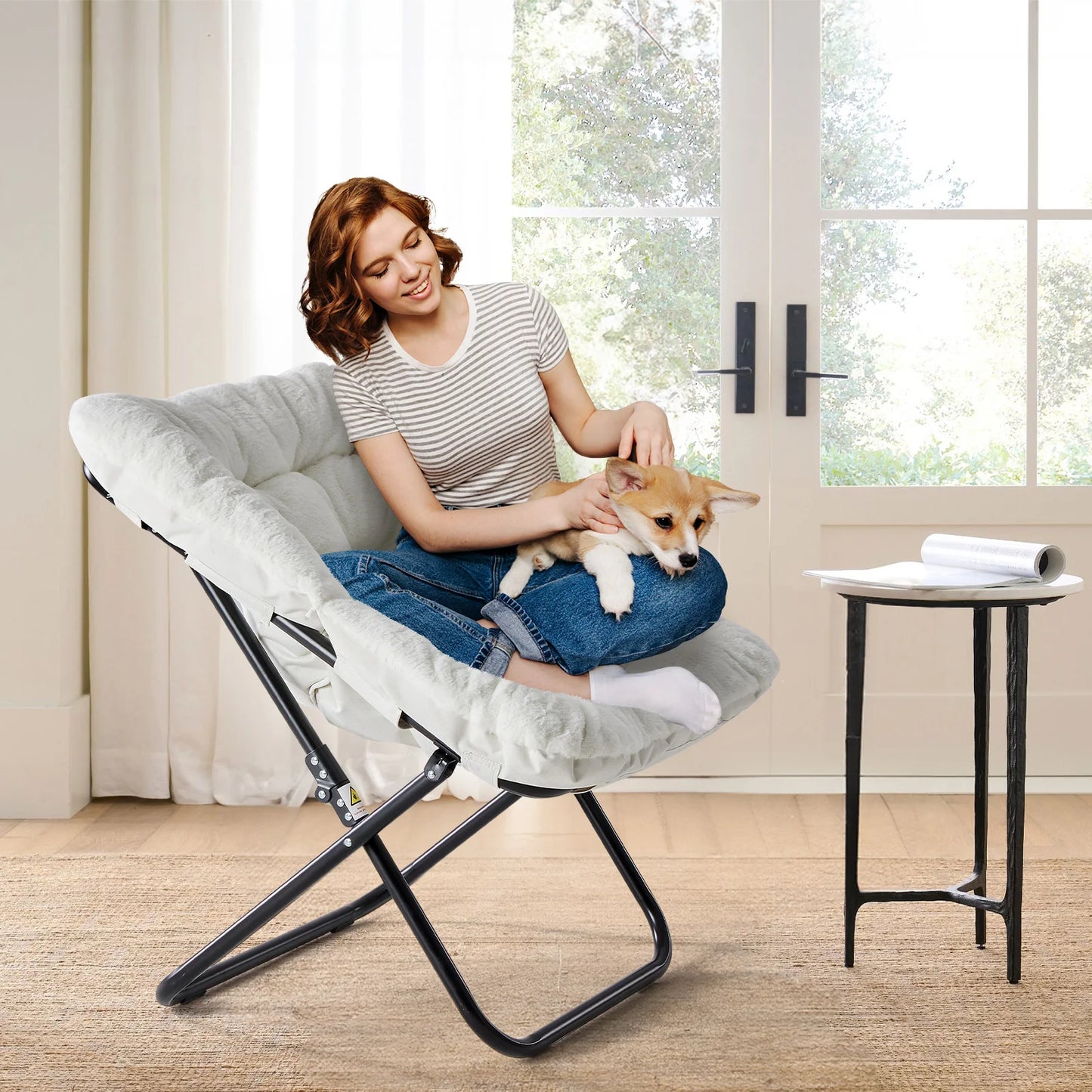 JHK Cozy Saucer Chair With Soft Faux Fur Padded Comfort