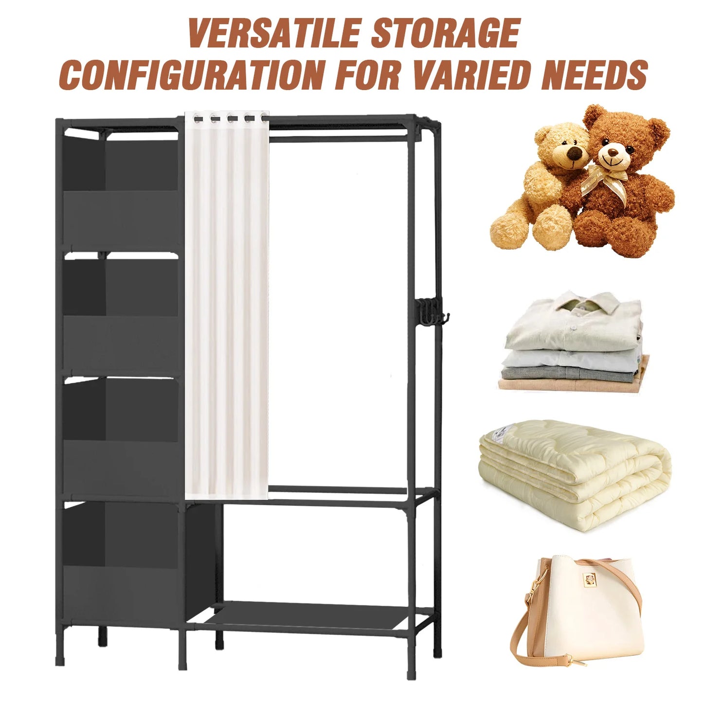 Wardrobe Heavy-Duty Portable Freestanding Closet Multipurpose Storage Rack Semi-Open with 4 Storage Drawers Curtain for Bedroom