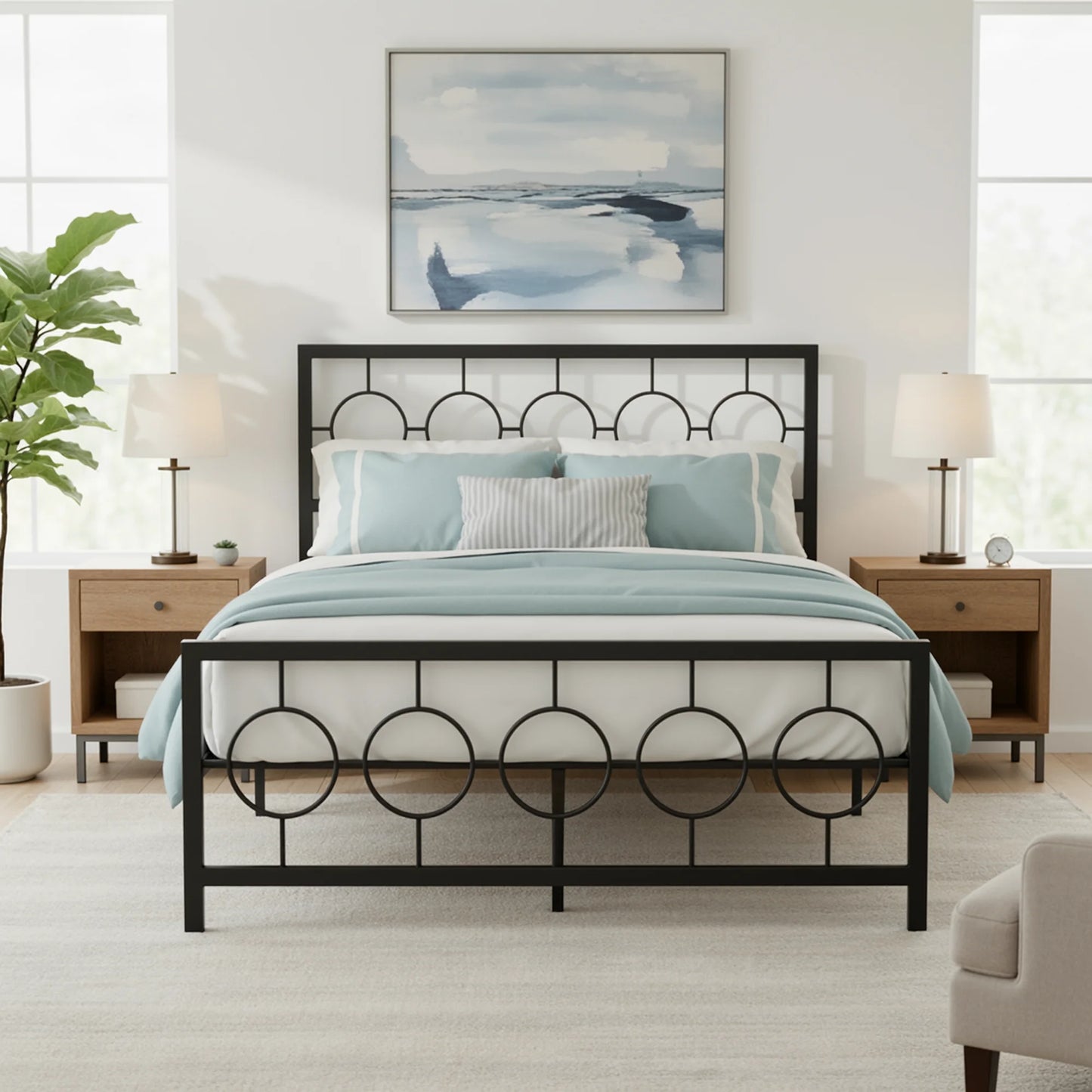HOOMIC Metal Platform Bed Frame With Vintage Circular Headboard Storage
