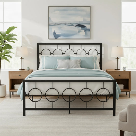 HOOMIC Metal Platform Bed Frame With Vintage Circular Headboard Storage