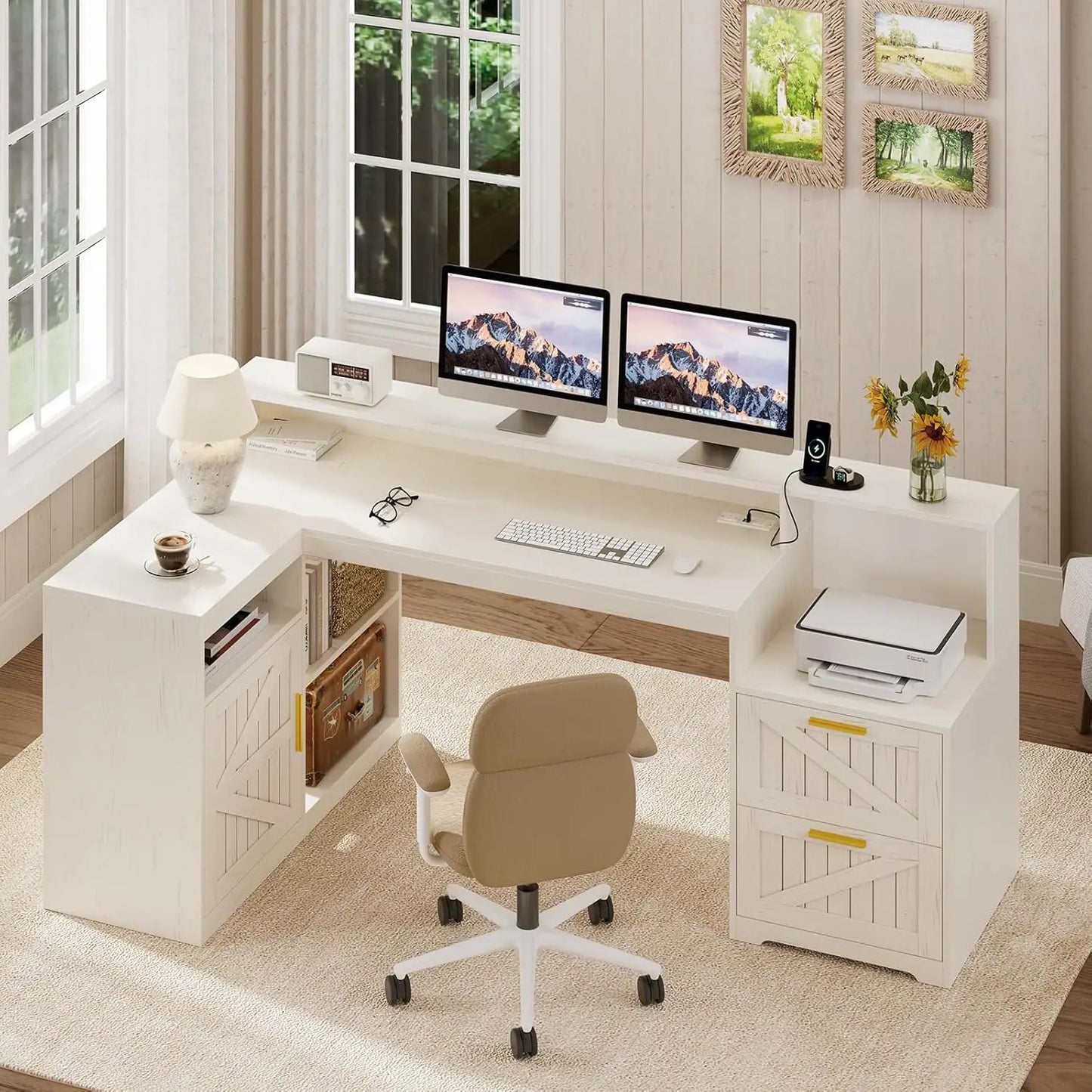 Farmhouse L Shaped Desk With Drawers And Power Outlet