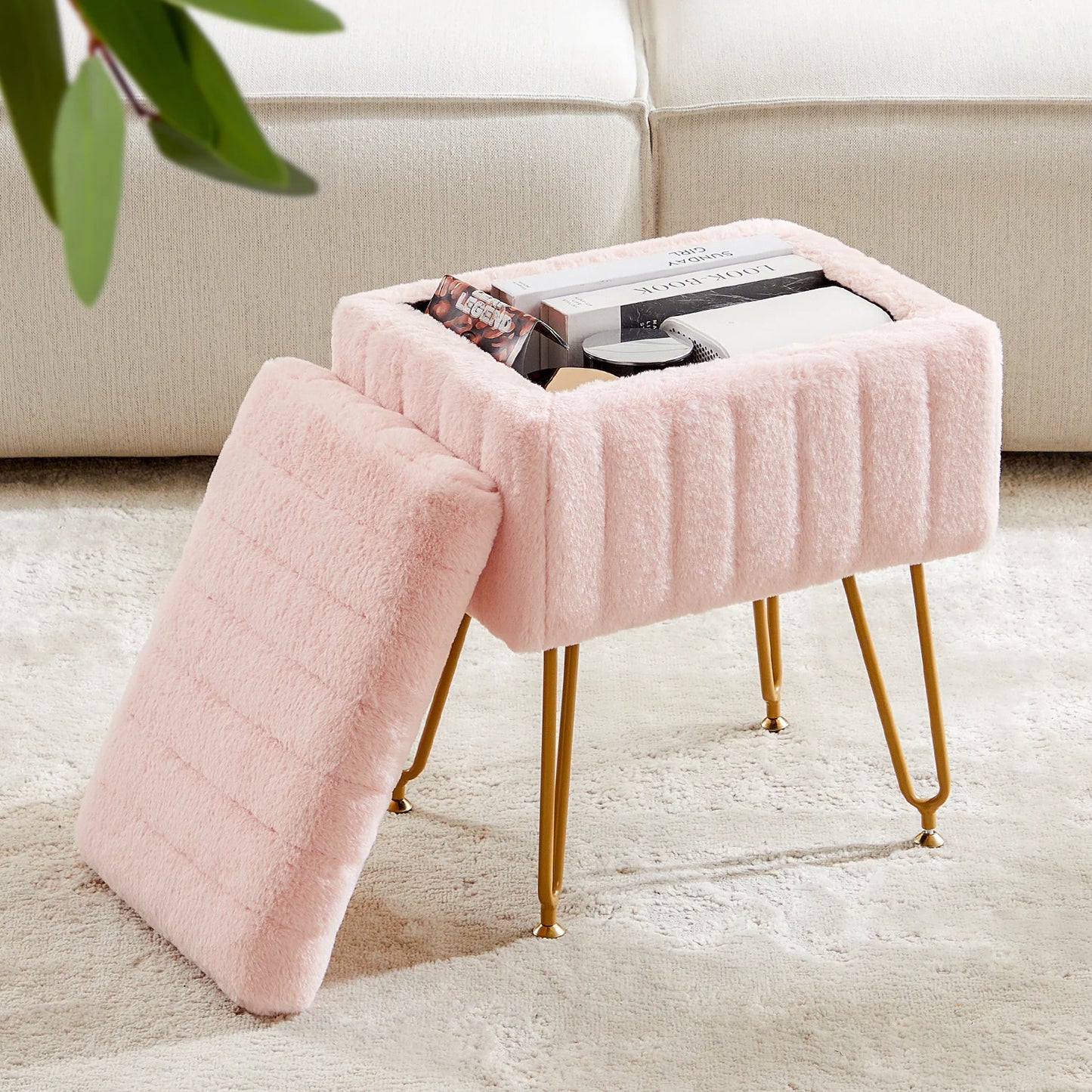 JHK Faux Fur Storage Ottoman With Padded Metal Legs