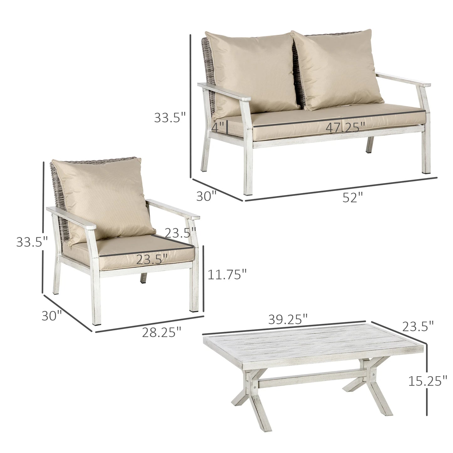 4 Pieces Patio Wicker Conversation Set, Outdoor Pe Rattan Loveseat Furniture W/ Coffee Table Cushions for Backyard, Patio, Beige