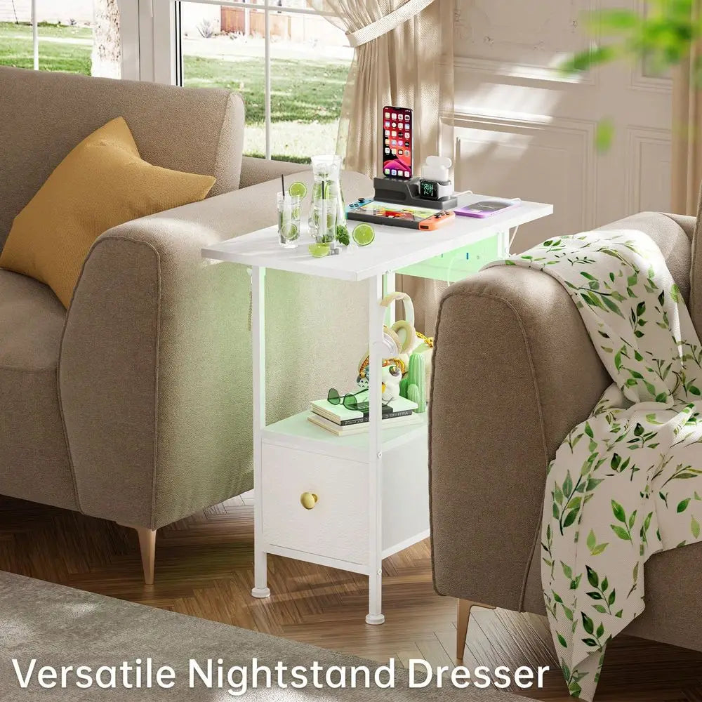 Cloth Shaft Cabinet, White Leather, Two-Story Open-Plan Storage Table, One Drawer, Small Space, Can Be Placed Next To The Sofa