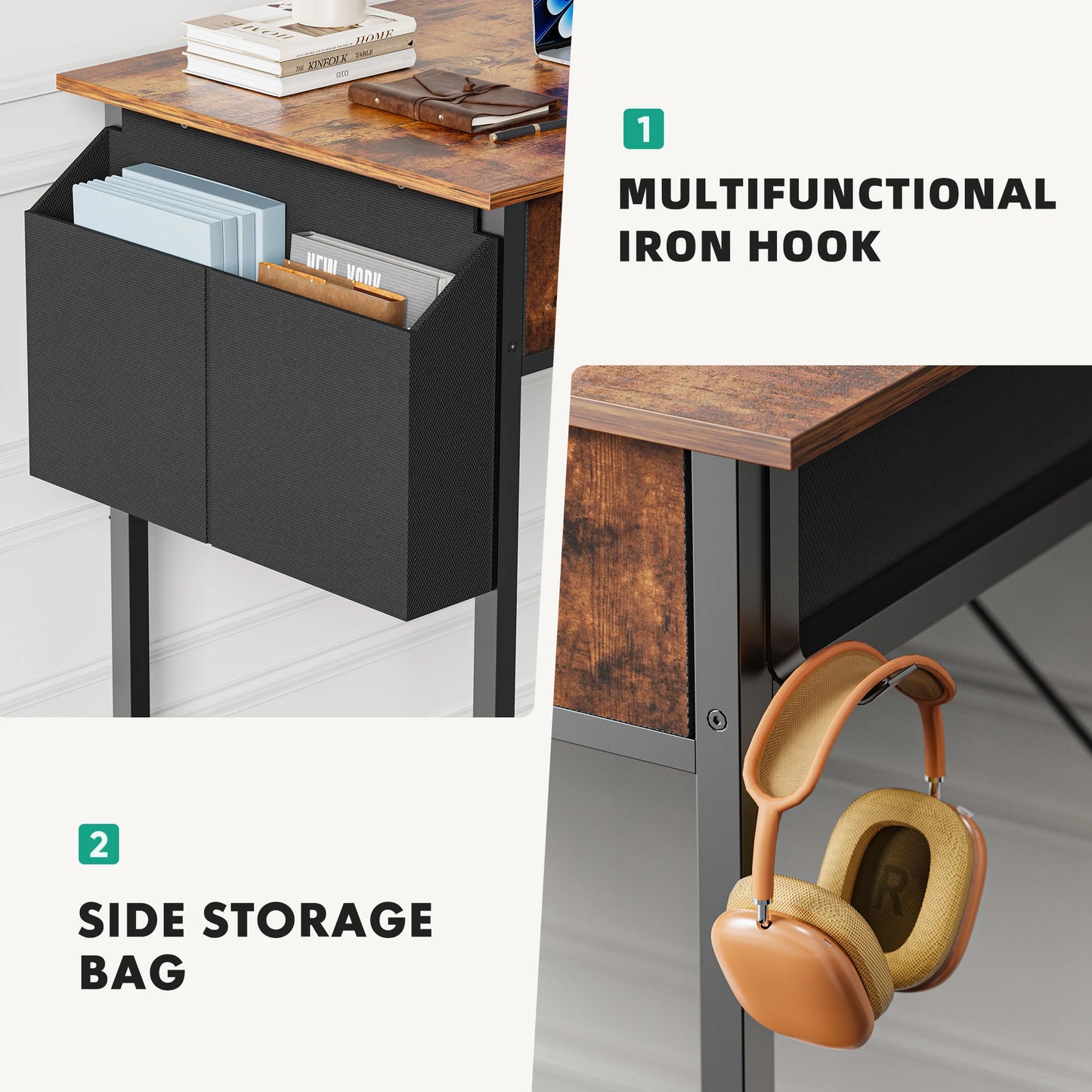 JHK Modern Office Desk With Fabric Drawers And Metal Frame