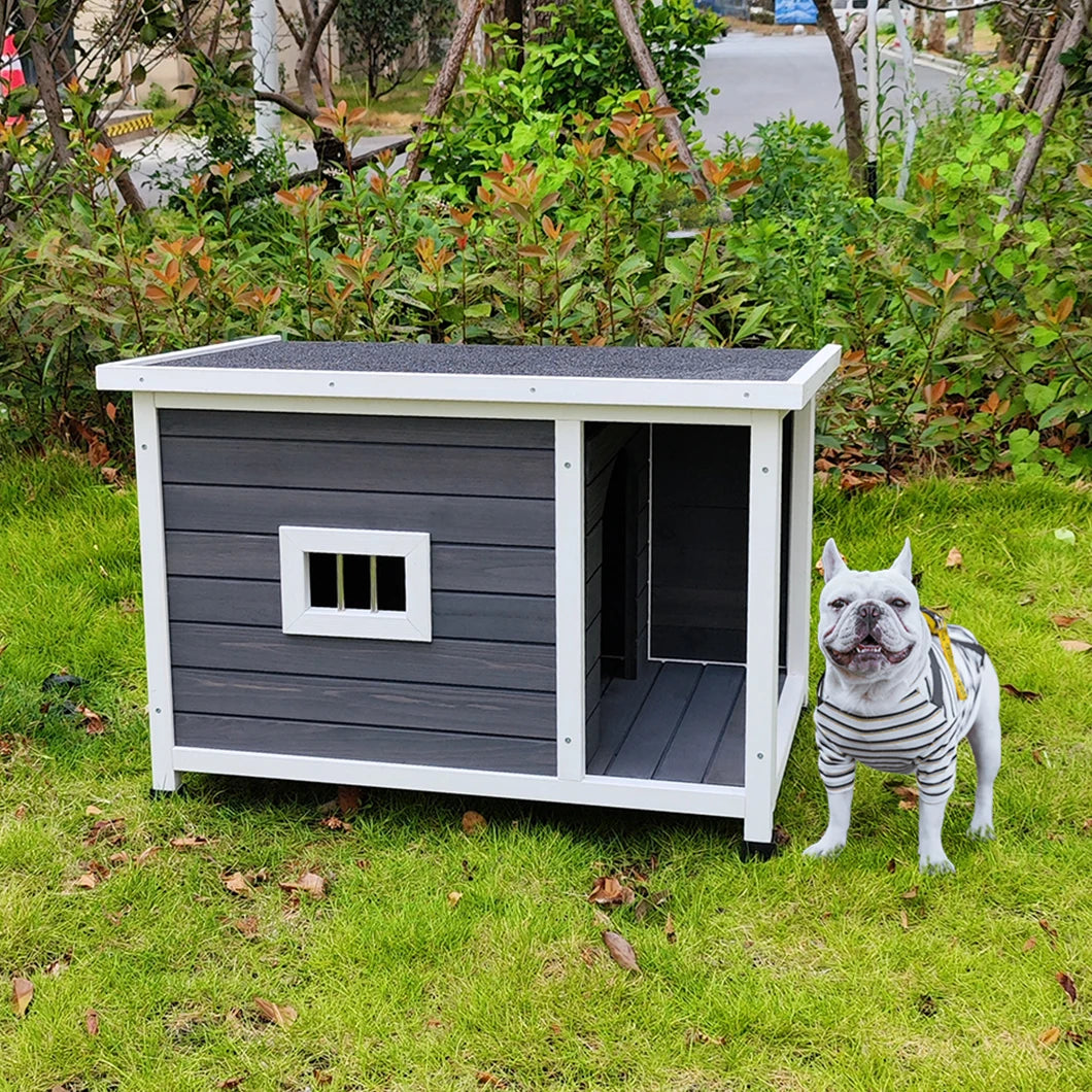 Outdoor Wooden Puppy Kennel with Durable Roof and Porch Terrace