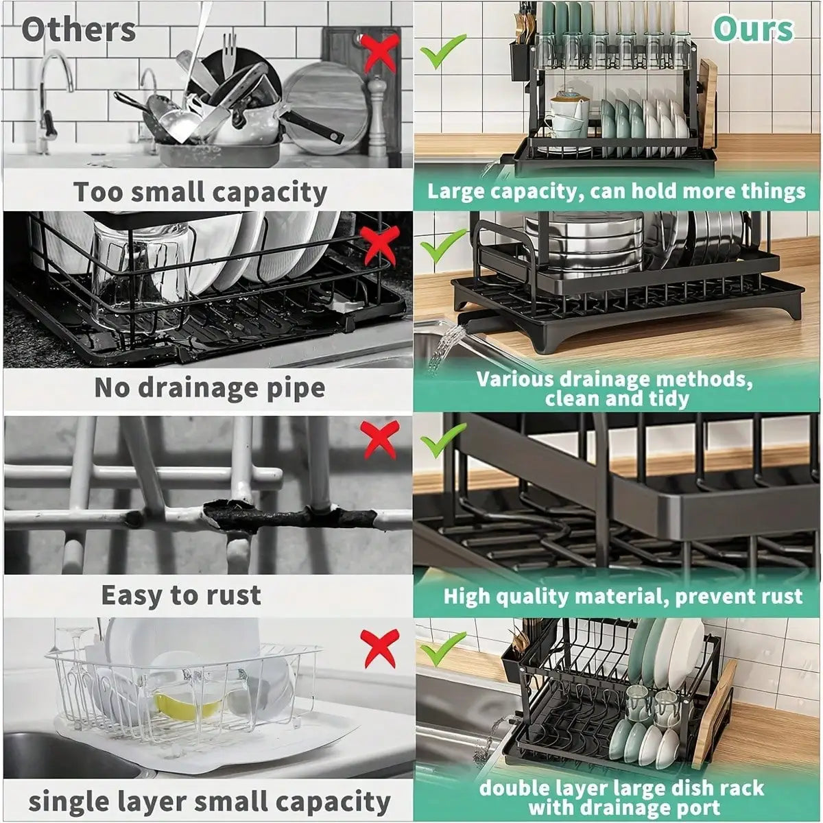Dish Drying Rack, 2 Tier Large Dish Drying Rack For Kitchen Counter With Drainboard Stainless Steel Dish Drainer For Dish/Knifes