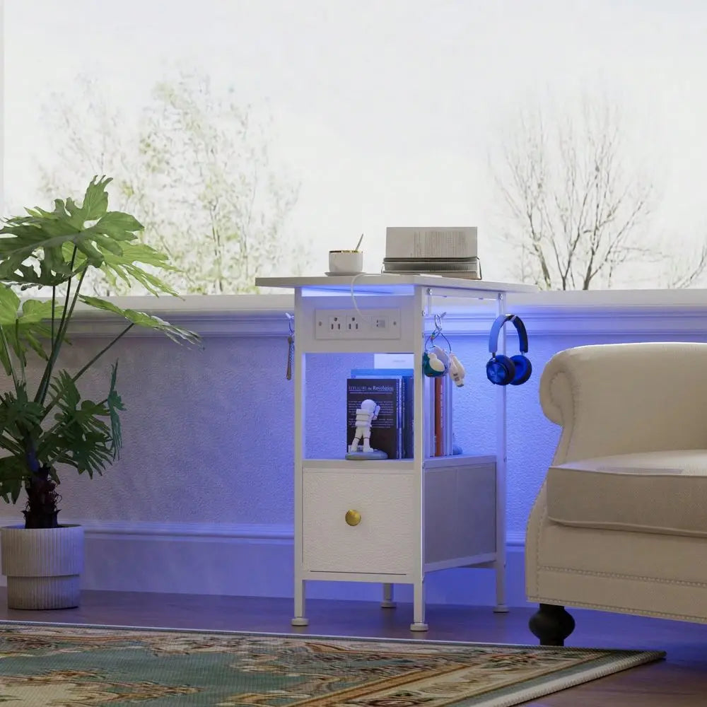 Cloth Shaft Cabinet, White Leather, Two-Story Open-Plan Storage Table, One Drawer, Small Space, Can Be Placed Next To The Sofa