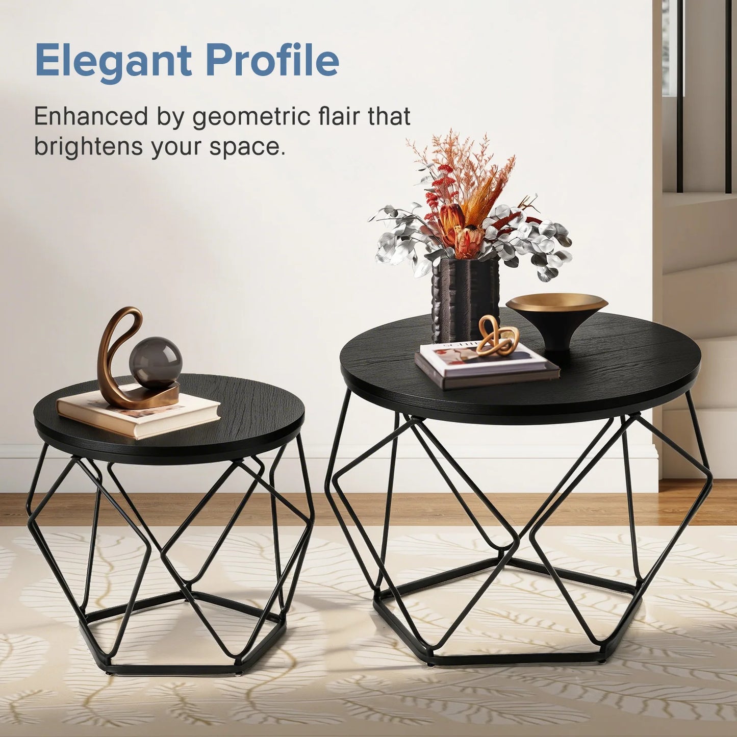 JHK Round Geometric Metal Coffee Table Set For Living Room
