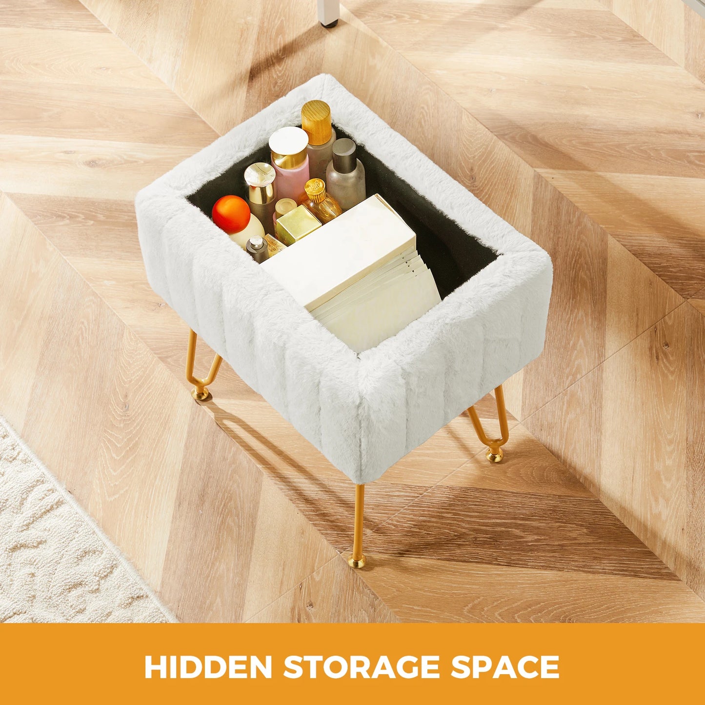 JHK Faux Fur Storage Ottoman With Padded Metal Legs