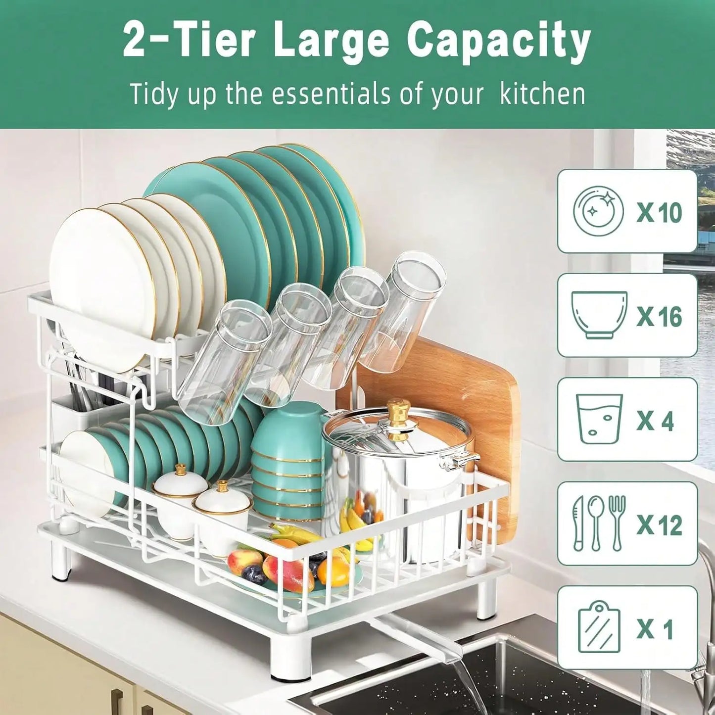 BCWW Kitchen Utensil Drying Rack With Drainage Tray, 2 Tier Detachable Dish Rack For Kitchen Counter, Large Capacity Dish Draine
