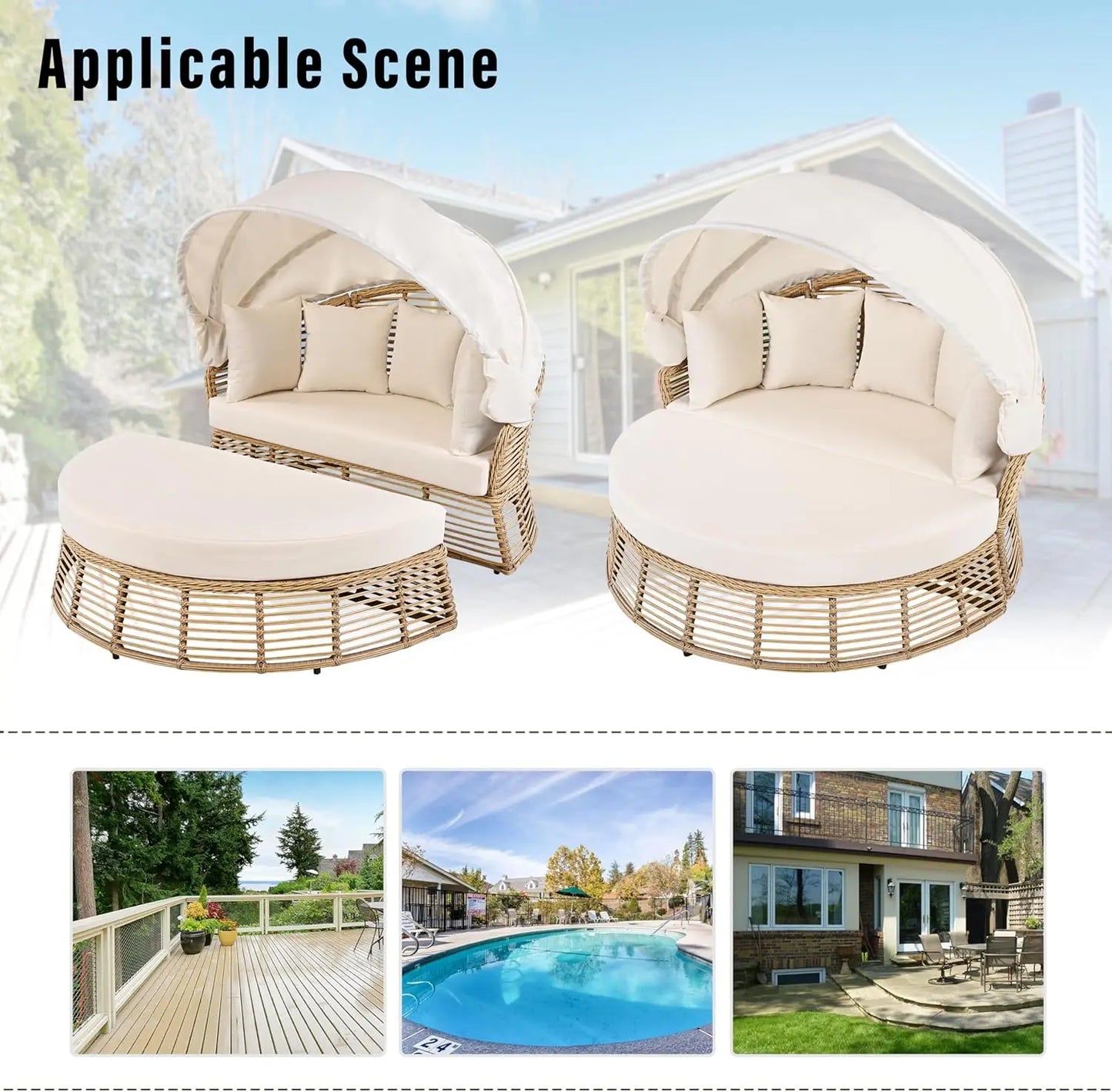 Outdoor Patio Rattan Round Daybed With Retractable Canopy Sunbed