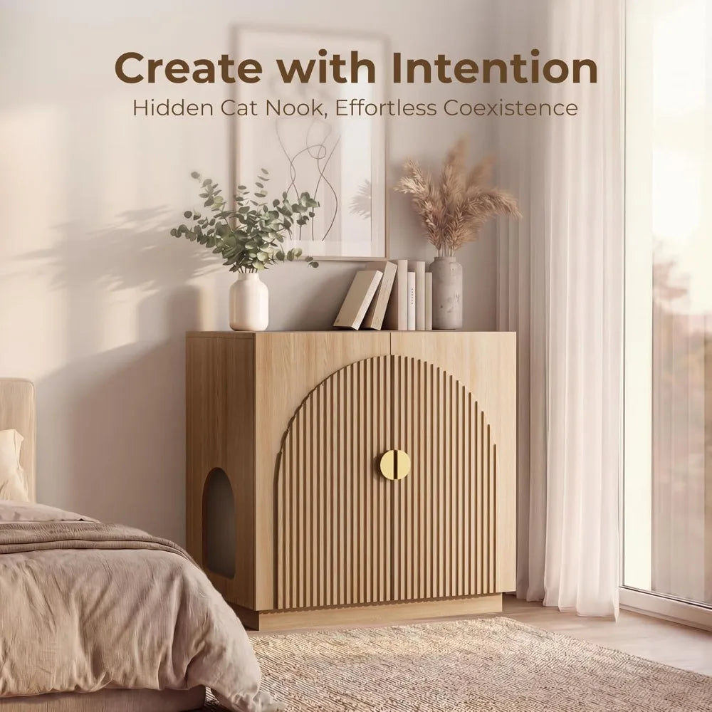 Large Hidden Cat Litter Box Enclosure, Fluted Cabinet with Storage, Symmetrical Curved Accent Sideboard Furniture