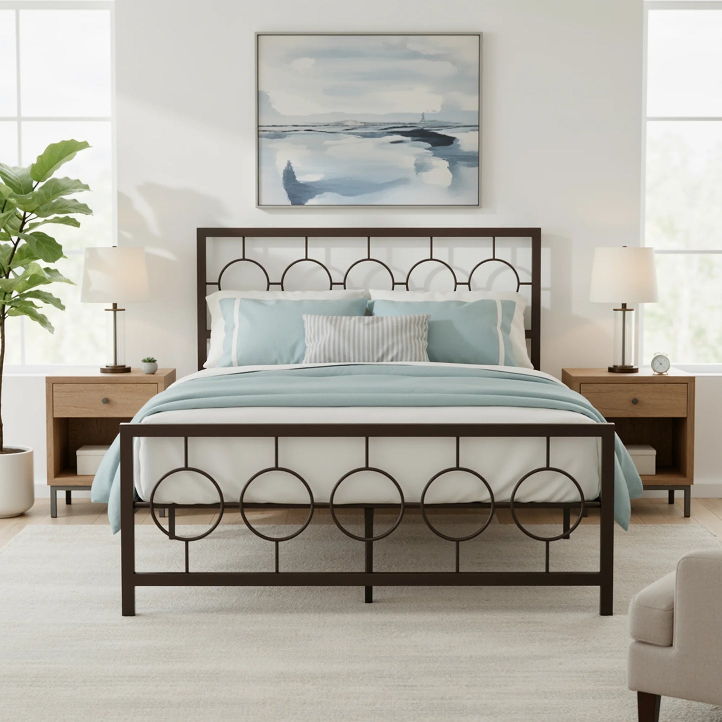 HOOMIC Metal Platform Bed Frame With Vintage Circular Headboard Storage