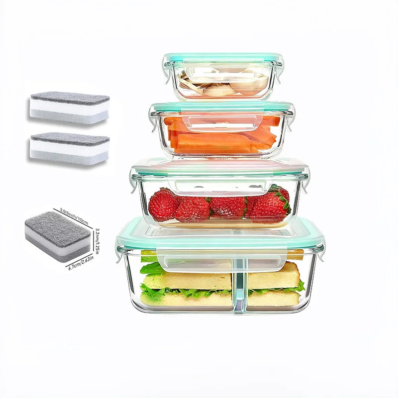 Glass Food Storage Containers 4-Pack with Lids, Airtight Leakproof for Lunch, Meal Prep, Dishwasher Safe, Green (12.5 to 42 oz)