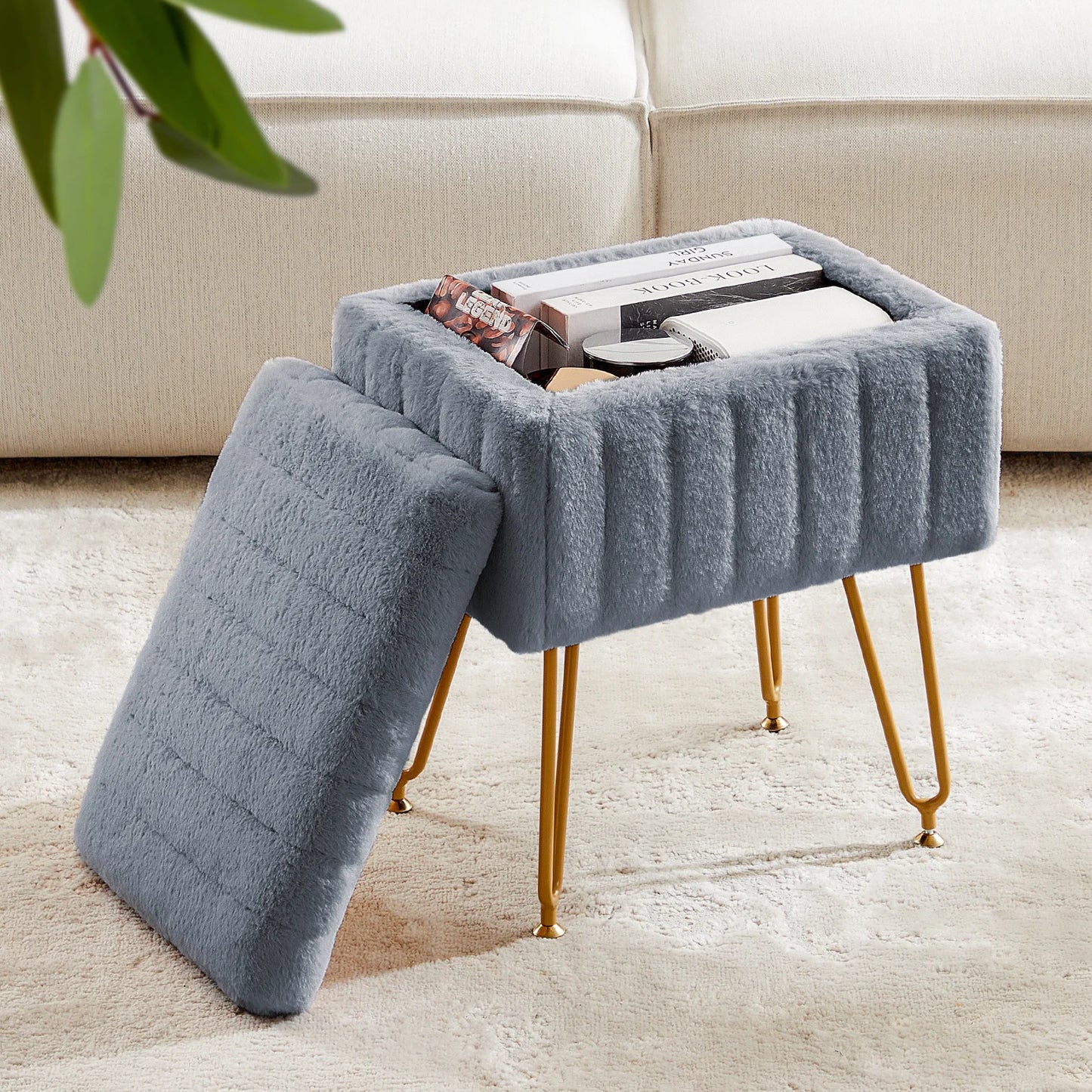 JHK Faux Fur Storage Ottoman With Padded Metal Legs
