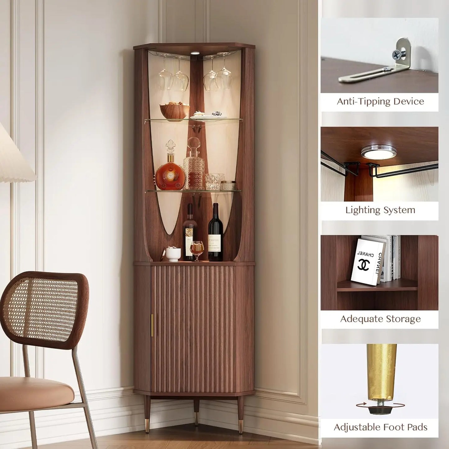 Corner Bar Cabinet With Glass Shelves And LED Lighting