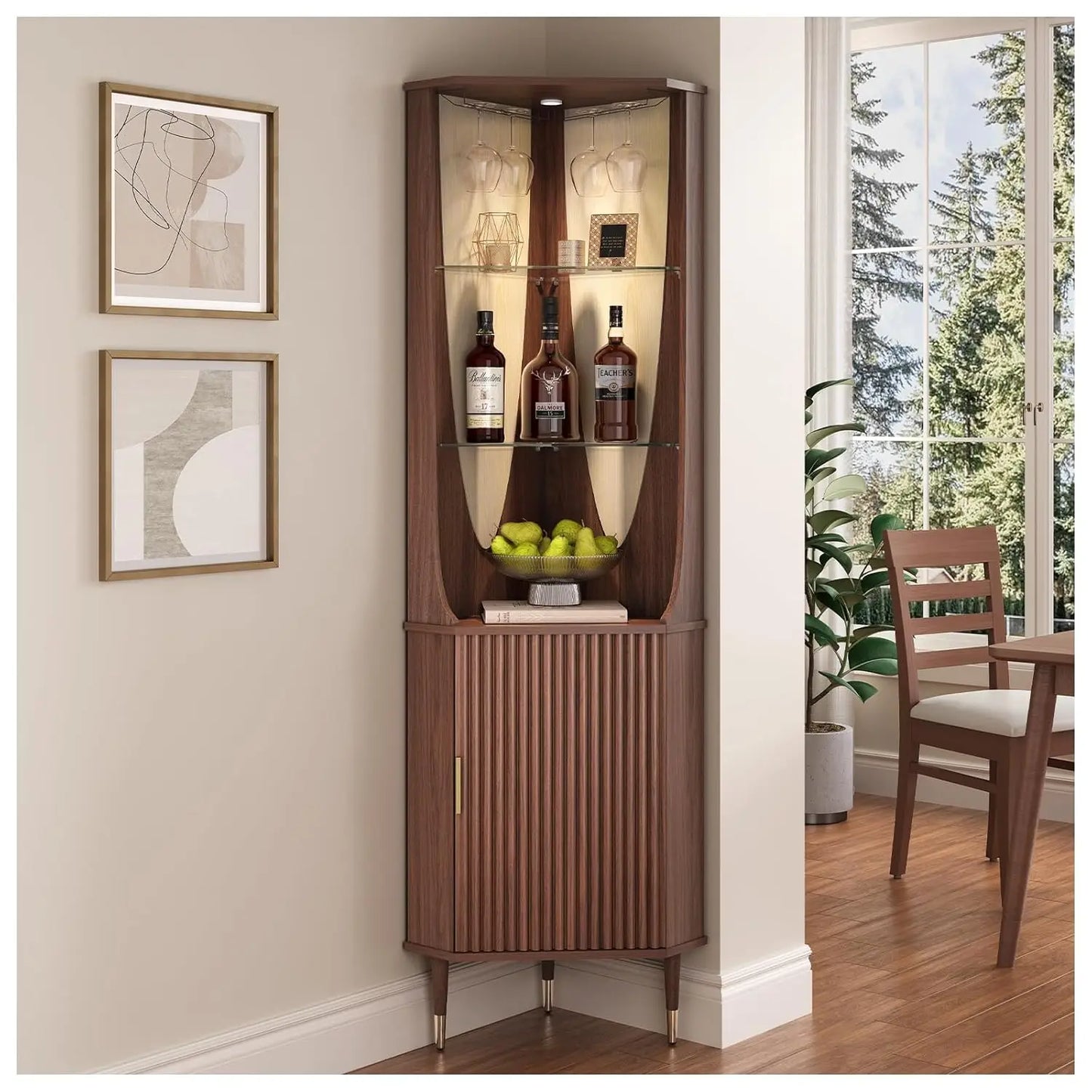 Corner Bar Cabinet With Glass Shelves And LED Lighting
