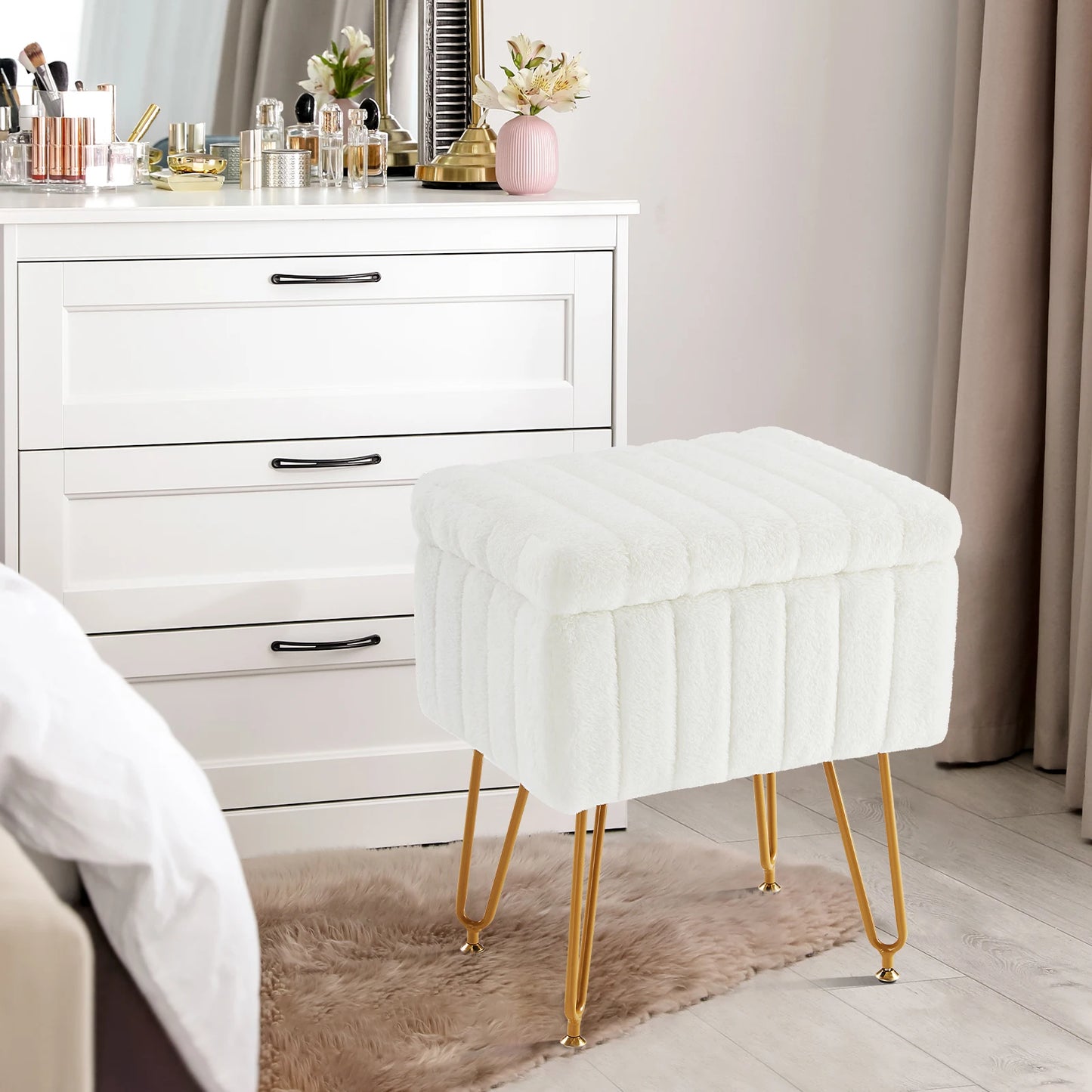 JHK Faux Fur Storage Ottoman With Padded Metal Legs