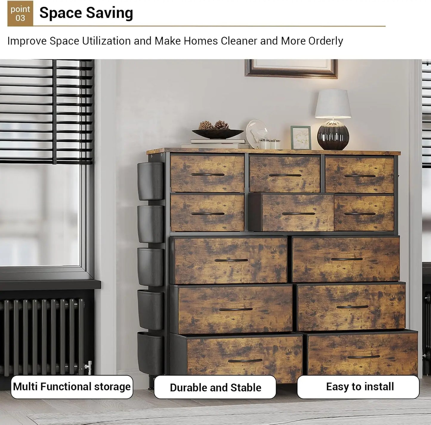 12 Drawers Fabric Tall Dresser for Closet Steel Frame Chest of Drawers Storage Organizer Cupboard for Bedroom Living Room