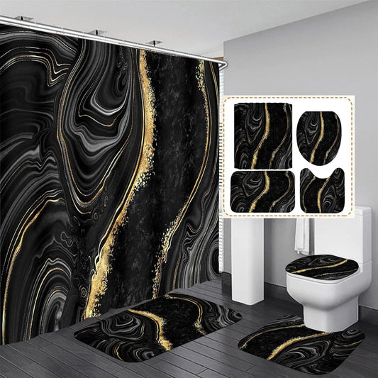Shower Curtain Set With Toilet Lid Cover Rugs Modern Abstract Bathroom Decor