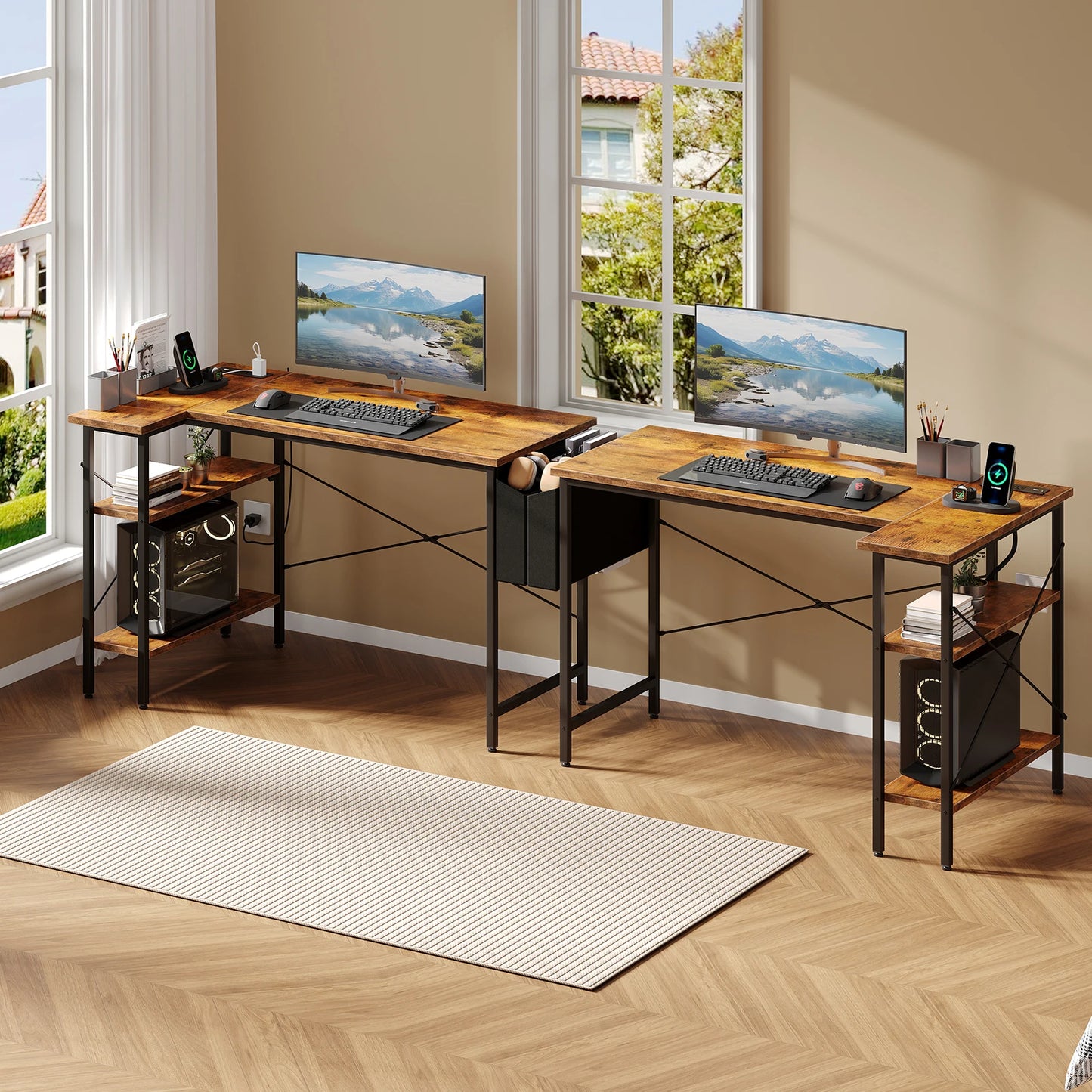 JHK L Shaped Corner Gaming Desk With Power Strip Storage Shelves