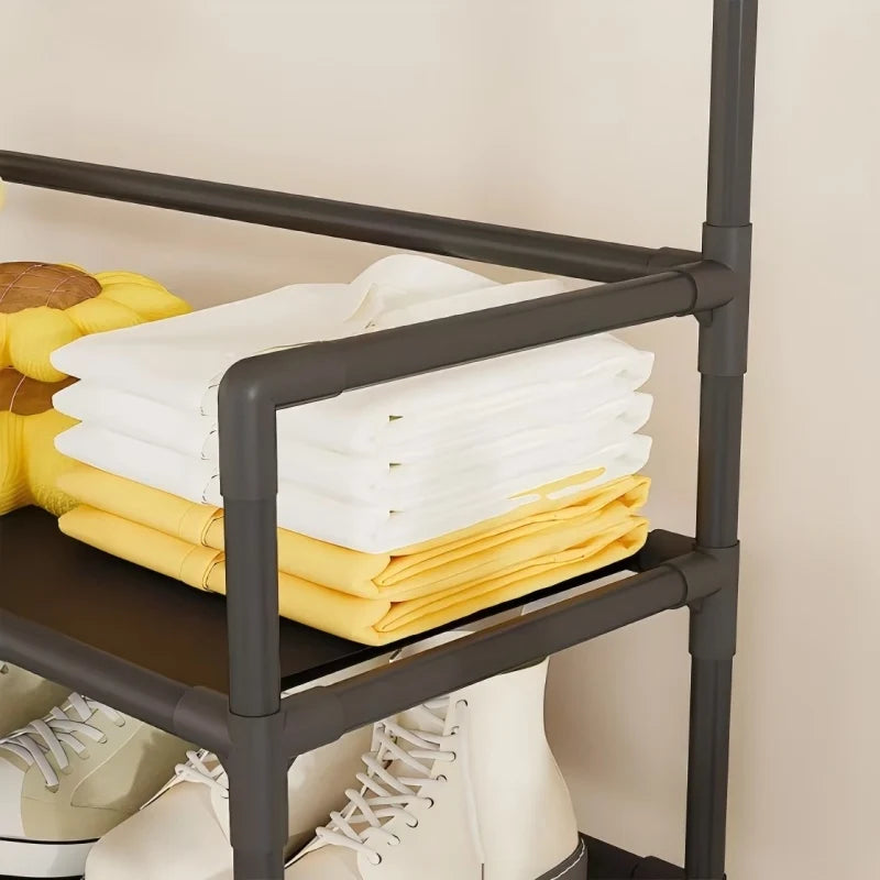 Five Tier Floor Shoe Rack Featuring Coat And Hat Hooks
