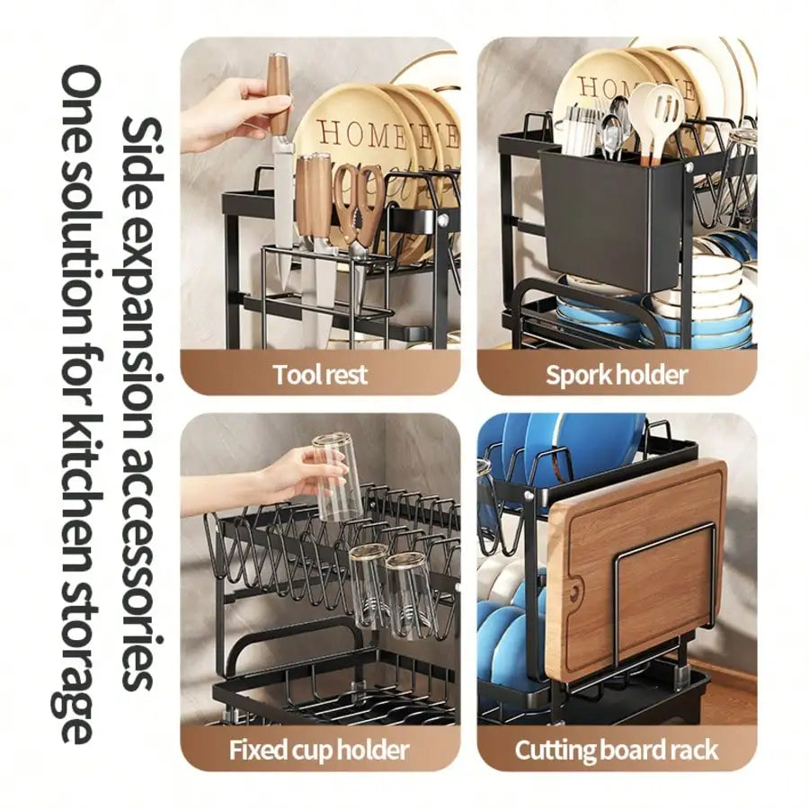 Kusuxva This Double-Layer Metal Kitchen Countertop Dish Rack Is Space-Saving And Durable. It Comes With A Knife And Fork Holder,