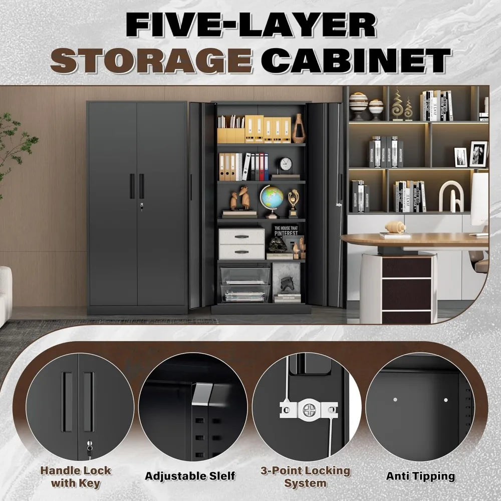 Metal Tall Storage Cabinet With Lockable Doors For Garage Organization