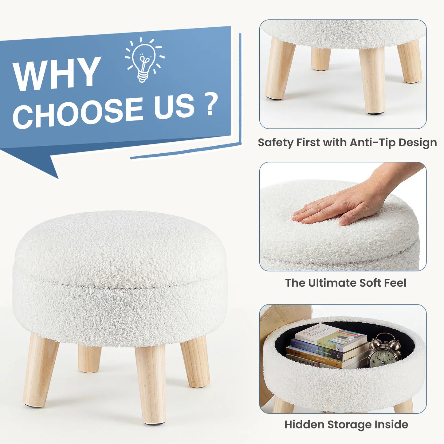 JHK Round Velvet Ottoman With Hidden Storage And Padded Seat