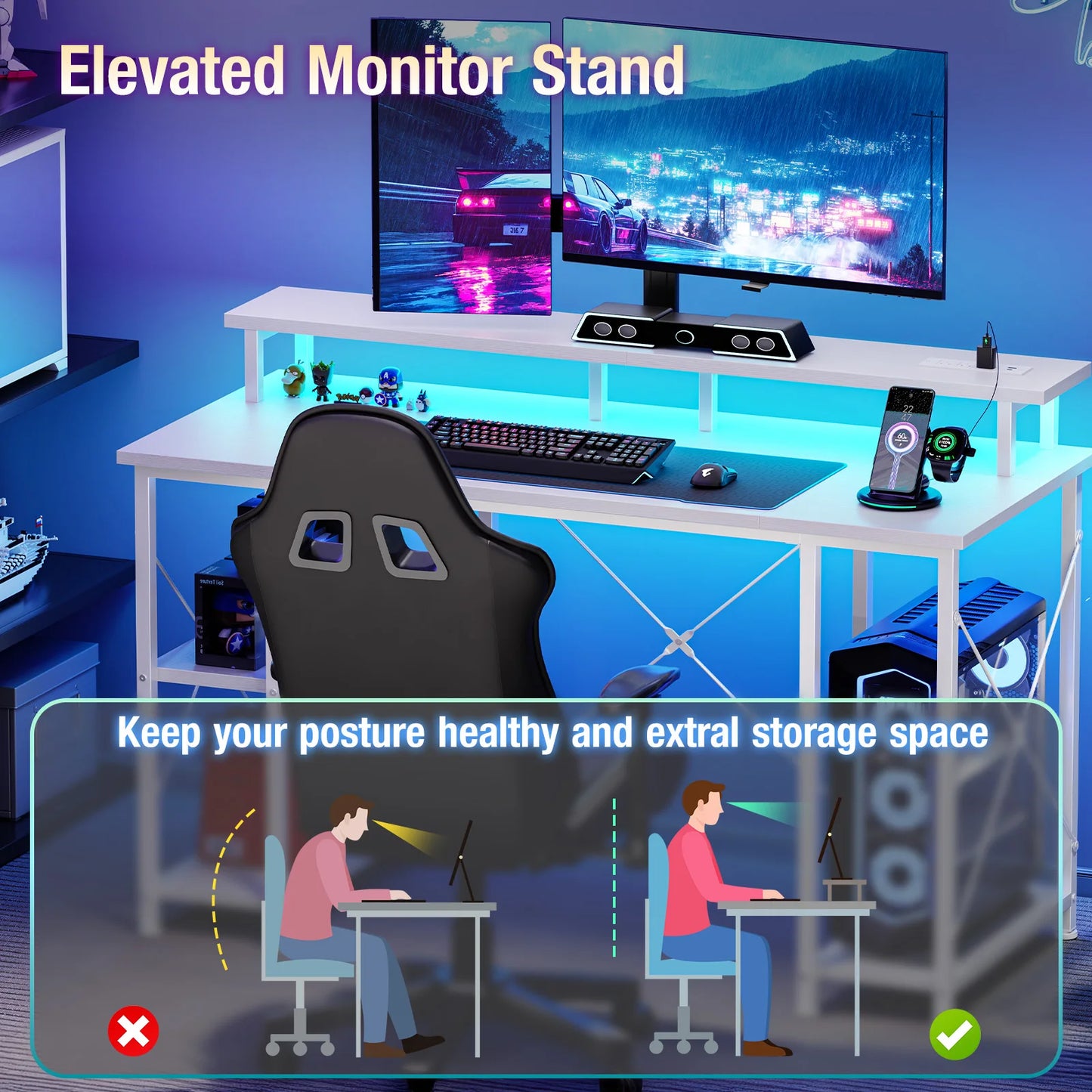 JHK Computer Desk With Shelves, Drawers, LED Lights, Power Outlets