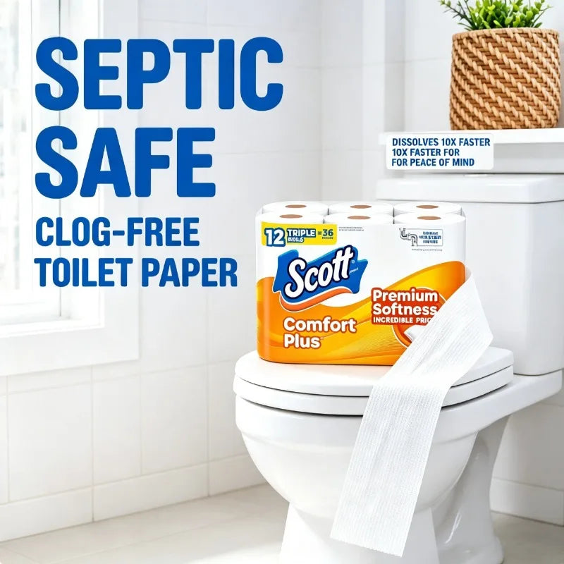 Scott Comfort Plus Soft Toilet Paper Absorbent Septic Safe Tissue