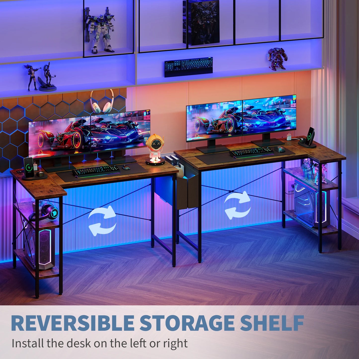 JHK L Shaped Corner Gaming Desk With Power Strip Storage Shelves