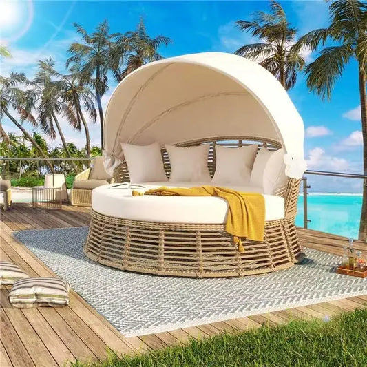 Outdoor Patio Rattan Round Daybed With Retractable Canopy Sunbed